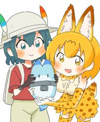 Rule 34 | 2girls, :d, animal ear fluff, animal ears, backpack, bag, black gloves, blonde hair, blue eyes, blue hair, blush, bow, bowtie, commentary request, elbow gloves, extra ears, gloves, hat, hat feather, kaban (kemono friends), kemono friends, lucky beast (kemono friends), multiple girls, open mouth, print legwear, print skirt, red shirt, serval (kemono friends), serval print, serval tail, shirt, short hair, simple background, skirt, smile, tail, thighhighs, traditional bowtie, wamakwp, white background, white headwear, yellow eyes