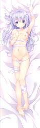 Rule 34 | 1girl, absurdres, arm up, armpits, bandaged arm, bandaged leg, bandages, barefoot, bed sheet, blue eyes, blue panties, blush, breasts, closed mouth, collarbone, dakimakura (medium), feet, full body, gluteal fold, groin, hair between eyes, hair ornament, hairclip, highres, kinokomushi, long hair, looking at viewer, lying, navel, nipples, on back, one side up, original, panties, panty pull, pussy, sheet grab, silver hair, small breasts, solo, striped clothes, striped panties, thigh gap, toenails, toes, topless, uncensored, underwear, underwear only, very long hair, x hair ornament