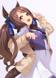 Rule 34 | 1girl, animal ears, blue nails, blush, brown hair, commentary request, fingernails, grey eyes, highres, horse ears, horse girl, horse tail, jacket, long hair, long sleeves, looking at viewer, mofu namako, multicolored nails, nail polish, open clothes, open jacket, open mouth, pleated skirt, school uniform, skirt, smile, solo, tail, tosen jordan (umamusume), tracen school uniform, twintails, umamusume, white skirt, yellow jacket, yellow nails
