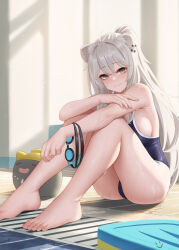 Rule 34 | 1girl, alternate costume, animal ears, backlighting, barefoot, blue one-piece swimsuit, breasts, closed mouth, competition swimsuit, feet, goggles, goggles around arm, grey eyes, highres, hololive, knees up, large breasts, lion ears, lion girl, long hair, looking at viewer, one-piece swimsuit, ponytail, poolside, shishiro botan, sitting, smile, ssrb (shishiro botan), swimsuit, thighs, toes, unworn goggles, virtual youtuber, wei xiao, wet, white hair