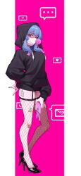 Rule 34 | 1girl, absurdres, bandaid, bandaid on leg, black hoodie, black thighhighs, blue eyes, blue hair, breasts, cellphone, chewing gum, fishnet thighhighs, fishnets, full body, garter straps, goeleu, hatsune miku, heart, highres, holding, holding phone, hood, hood up, hoodie, mask, medium breasts, medium hair, mouth mask, multicolored hair, phone, pink background, pink eyes, pink hair, pink nails, price tag, rabbit hole (vocaloid), smartphone, smartphone case, solo, streaked hair, surgical mask, thighhighs, unworn mask, vocaloid