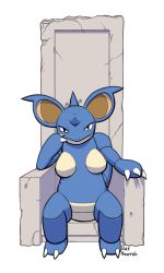 Rule 34 | 1girl, animal ears, arm up, artist name, black eyes, breasts, chair, claws, creatures (company), dakkpasserida, feet, full body, game freak, gen 1 pokemon, hand up, horns, looking at viewer, medium breasts, nidoqueen, nintendo, no humans, pokemon, pokemon (creature), pokemon rgby, signature, sitting, solo, spread legs, tail, text focus, throne, transparent background