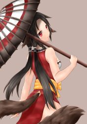 Rule 34 | 1girl, absurdres, ainu clothes, animal ears, aquaplus, bare arms, bare shoulders, black hair, braid, breasts, cleavage, closed mouth, cowboy shot, dress, from behind, hair over shoulder, highres, holding, holding umbrella, holding weapon, long hair, looking at viewer, medium breasts, nose, parted lips, red eyes, red umbrella, reover6, shis, sidelocks, smile, solo, tail, thighs, twintails, umbrella, utawarerumono, utawarerumono: futari no hakuoro, variations, very long hair, weapon