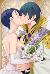 Rule 34 | 1boy, 1girl, alternate costume, bare shoulders, blue hair, blush, bouquet, byleth (fire emblem), byleth (male) (fire emblem), closed eyes, commentary, couple, detached collar, dress, elbow gloves, english commentary, fingernails, fire emblem, fire emblem: three houses, flower, gloves, gold trim, hand on another&#039;s hip, high collar, highres, holding, holding bouquet, hug, igni tion, indoors, kiss, nintendo, official alternate costume, purple hair, robe, shamir nevrand, short hair, strapless, strapless dress, wedding, wedding dress, white dress, white flower, white gloves, white robe, wide sleeves