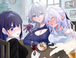 3girls :&lt; :d alcohol alternate_costume beer blush breasts bronya_zaychik bronya_zaychik_(silverwing:_n-ex) cleavage cleavage_cutout clock closed_eyes clothing_cutout commentary_request cup drinking_glass drunk durandal_(honkai_impact) durandal_(palatinus_equinox)_(honkai_impact) earrings grey_eyes grey_hair hair_between_eyes hair_ornament hand_on_another&#039;s_head highres holding holding_cup honkai_(series) honkai_impact_3rd indoors jewelry kiana_kaslana large_breasts long_hair long_sleeves looking_at_another looking_at_object multiple_girls murata_himeko nagonako necklace open_mouth picture_frame pink_pupils purple_eyes purple_hair purple_hands raiden_mei raiden_mei_(apho) shirt shoulder_cutout siegfried_kaslana smile spilling wall_clock white_hair white_shirt window wine_glass