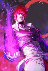 Rule 34 | 1boy, azuma kyoutarou (artist), choker, dress shirt, fire, glowing, glowing eyes, highres, male focus, official art, one eye covered, pyrokinesis, red hair, shirt, signature, smirk, solo, the king of fighters, yagami iori