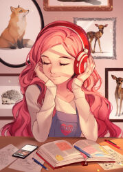 Rule 34 | 1girl, artist name, blush, book, bookmark, cellphone, closed eyes, closed mouth, clothes writing, collarbone, commentary, deer, drawing, english commentary, eraser, eyelashes, fox, hands on headphones, hands up, headphones, heart, hedgehog, highres, indoors, light particles, listening to music, long hair, long sleeves, mechanical pencil, open book, original, paper, parted bangs, pencil, phone, picture frame, pink hair, shirt, sleeves past wrists, smartphone, smile, solo, sticky note, swept bangs, syertse, table, upper body, wavy hair, white shirt