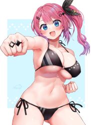 Rule 34 | 1girl, absurdres, bare shoulders, bikini, blue eyes, blush, breasts, cleavage, clenched hands, covered erect nipples, cowboy shot, festa11307070, gluteal fold, hair between eyes, hair ornament, hairclip, halterneck, highres, incoming attack, incoming punch, jewelry, kuramochi meruto, large breasts, long hair, looking at viewer, navel, nijisanji, o-ring, o-ring bikini, open mouth, outside border, pink hair, punching, ring, shiny clothes, side-tie bikini bottom, side ponytail, skindentation, smile, solo, string bikini, swimsuit, underboob, virtual youtuber