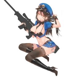 Rule 34 | 1girl, ammunition belt, black hair, black thighhighs, boots, breasts, brown hair, caitlyn (league of legends), cleavage, cuffs, gun, handcuffs, hat, high heels, huge breasts, knee boots, league of legends, licking lips, midriff, miniskirt, mx2j, navel, officer caitlyn, pinky out, police, police uniform, policewoman, rifle, scope, skirt, solo, sunglasses, thighhighs, tongue, tongue out, unfinished, uniform, weapon