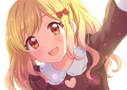 Rule 34 | 1girl, :d, absurdres, aikatsu!, aikatsu! (series), blonde hair, blurry, blurry foreground, bow, brown dress, depth of field, dot nose, dress, gradient hair, hair bow, hand up, head tilt, heart, highres, looking at viewer, multicolored hair, nijino yume, open mouth, pink hair, red bow, red eyes, sekina, simple background, smile, solo, twintails, white background
