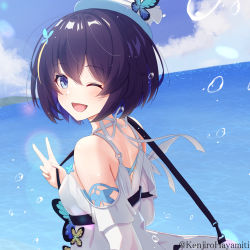 Rule 34 | 1girl, :d, artist name, bag, bare shoulders, blue butterfly, blue eyes, blue hair, blue sky, bug, butterfly, cloud, cloudy sky, dress, highres, honkai (series), honkai impact 3rd, insect, kenjirohayamiti, long sleeves, ocean, one eye closed, open mouth, outdoors, seele vollerei, seele vollerei (swallowtail phantasm), shoulder bag, sky, smile, v, water, white dress