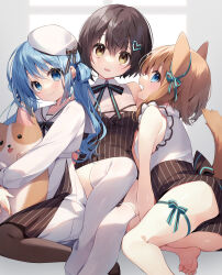 Rule 34 | 3girls, animal ears, bare shoulders, barefoot, beret, black dress, blue eyes, blue hair, brown eyes, brown hair, closed mouth, dog ears, dress, hair between eyes, hair ornament, hat, heart, heart hair ornament, highres, long hair, long sleeves, looking at viewer, multiple girls, no shoes, open mouth, original, pantyhose, sailor collar, shirt, short shorts, shorts, sleeveless, sleeveless dress, smile, soles, striped, suimya, tail, thighhighs, twintails, vertical stripes, welsh corgi, white headwear, white shirt, white thighhighs