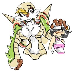 Rule 34 | 10s, 2girls, bald, black hair, blonde hair, breasts, chesnaught, cleavage, creatures (company), cropped legs, ducky, fringe trim, furry, furry female, game freak, gen 6 pokemon, hand on another&#039;s head, hat, headpat, height difference, large breasts, multiple girls, nintendo, personification, pokemon, pokemon (creature), pokemon xy, serena (pokemon), short hair, sleeveless, striped