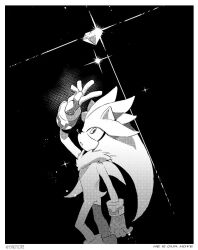 Rule 34 | 1boy, animal ears, animal nose, arm up, artist name, body fur, boots, border, bracelet, chaos emerald, english text, furry, furry male, gem, gloves, greyscale, hedgehog, hedgehog ears, hedgehog tail, highres, jewelry, looking up, male focus, monochrome, open mouth, silver the hedgehog, simple background, solo, sonic (series), sparkle, tail, yakuyori 0