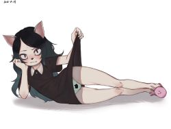 Rule 34 | 1girl, animal ears, animal print, animal slippers, arm support, bare legs, black dress, black eyes, black hair, blush, bunny slippers, cameltoe, cat ears, cat girl, cat nose, cat panties, cat print, claire (the summoning), closed mouth, clothes lift, collared dress, dated, dress, dress lift, drosophyllum21, embarrassed, eyeliner, eyeshadow, facial mark, forehead mark, frown, furry, furry female, gradient hair, green hair, head rest, higher resolution available, lifting own clothes, long hair, looking at viewer, lying, makeup, mole, mole above mouth, multicolored hair, on side, panties, pentagram, print panties, sanpaku, simple background, slippers, solo, swept bangs, the summoning, two-tone hair, underwear, very long hair, white background, white panties, wide hips