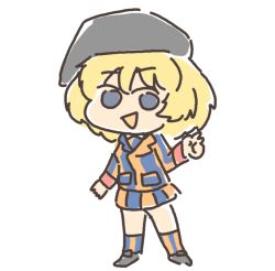 Rule 34 | 1girl, :d, beret, black footwear, black hat, blonde hair, blue eyes, chibi, chuuritsu school uniform, girls und panzer, hand up, hat, kabocha (pff), kneehighs, looking at viewer, multicolored clothes, multicolored skirt, open mouth, red wrist cuffs, school uniform, senju (girls und panzer), short hair, simple background, skirt, smile, socks, striped clothes, striped socks, thighs, v, white background, wrist cuffs