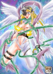 Rule 34 | 00s, angel, angel wings, angewomon, blonde hair, blue eyes, blush, breasts, digimon, digimon adventure, digimon adventure 02, long hair, navel, nipples, open mouth, pussy, scarf, tentacles, torn clothes, wings
