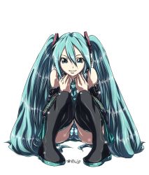 Rule 34 | aqua eyes, aqua hair, bad id, bad pixiv id, cameltoe, detached sleeves, hatsune miku, headphones, headset, highres, long hair, madhatter hello, necktie, panties, simple background, sitting, skirt, striped clothes, striped panties, thighhighs, twintails, underwear, vocaloid