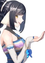 Rule 34 | 1girl, ainu clothes, animal ears, aquaplus, arms up, back, backless outfit, bare shoulders, black hair, blue dress, blush, bracelet, breasts, curly hair, dress, fingerless gloves, from side, gloves, gradient eyes, hair between eyes, hair ornament, high ponytail, highres, jewelry, kuon (utawarerumono), kuro kawa2, long hair, looking at viewer, medium breasts, multicolored eyes, necklace, nose blush, off shoulder, open mouth, ponytail, sidelocks, sleeveless, solo, swept bangs, upper body, utawarerumono, utawarerumono: futari no hakuoro, utawarerumono: itsuwari no kamen, very long hair, yellow eyes