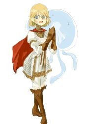 Rule 34 | 1girl, :d, anchet7, aurelia (elden ring), blonde hair, blue eyes, boots, brown footwear, brown gloves, cape, commentary, dress, elden ring, english commentary, full body, gloves, gold trim, highres, jellyfish, long sleeves, looking at viewer, open mouth, own hands together, pants, red cape, roderika (elden ring), short hair, simple background, smile, solo, teeth, upper teeth only, white background, white dress, white pants