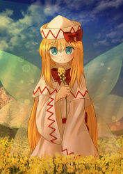 Rule 34 | 1girl, absurdres, blonde hair, blue eyes, blush, bow, bowtie, capelet, closed mouth, cloud, dress, ekaapetto, fairy, fairy wings, field, flower, flower field, hat, hat bow, highres, holding, holding flower, lily white, long hair, long sleeves, looking at viewer, open mouth, outdoors, red bow, red bowtie, sky, slit pupils, smile, solo, touhou, very long hair, white capelet, white dress, white hat, wide sleeves, wings, yellow flower