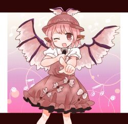 Rule 34 | 1girl, bad id, bad pixiv id, bird wings, border, dress, earrings, foreshortening, gradient background, hat, highres, jewelry, kurihagii, looking at viewer, microphone, musical note, mystia lorelei, one eye closed, open mouth, pink hair, pointing, pointing at viewer, polka dot, polka dot background, puffy short sleeves, puffy sleeves, red eyes, short hair, short sleeves, single earring, solo, touhou, wings, wink