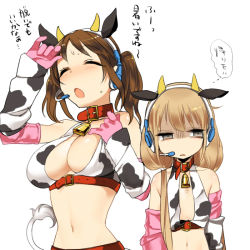 Rule 34 | 2girls, :o, animal ears, animal print, bell, neck bell, belt, blonde hair, breast envy, breasts, brown hair, cleavage, collar, cosplay, cow ears, cow horns, cow print, cow tail, cowbell, closed eyes, female focus, flat chest, futaba anzu, gloves, headset, horns, hot, idolmaster, idolmaster cinderella girls, large breasts, midriff, mui (muica), multiple girls, navel, oikawa shizuku, oikawa shizuku (cosplay), open mouth, oversized clothes, pink gloves, shaded face, sweat, tail, text focus, totoki airi, translated, twintails