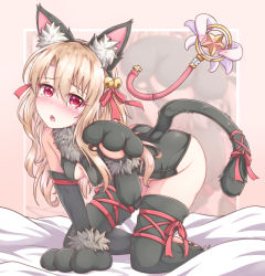 Rule 34 | 1girl, absurdres, all fours, animal ears, animal hands, bell, black gloves, black hairband, black leotard, black thighhighs, blonde hair, blush, breasts, cat ears, cat tail, cleavage, cleavage cutout, clothing cutout, covered erect nipples, elbow gloves, fake animal ears, fate/kaleid liner prisma illya, fate (series), full body, gloves, hair between eyes, hair ribbon, hairband, head tilt, highres, illyasviel von einzbern, leg ribbon, leotard, long hair, looking at viewer, magical ruby, official alternate costume, paw gloves, pet play, pixiv fate/grand order contest 2, red eyes, red ribbon, ribbon, small breasts, solo, tail, tail ornament, tail ribbon, thigh ribbon, thighhighs, zongren