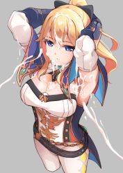 Rule 34 | 1girl, armpits, blonde hair, blue capelet, blue eyes, bow, breasts, bukkake, capelet, cleavage, closed mouth, coattails, commentary request, cum, cum on body, cum on clothes, cum on hair, cum on upper body, detached collar, detached sleeves, facial, genshin impact, grey background, hair between eyes, hair bow, jean (genshin impact), large breasts, multicolored capelet, pants, ponytail, standing, tight clothes, tight pants, white pants, yamaya oouemon