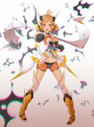Rule 34 | 1girl, antenna hair, armored boots, black gloves, blonde hair, blush, boots, breasts, breasts apart, clenched hands, full body, gloves, groin, highres, koyaya, looking at viewer, medium breasts, midriff, navel, open mouth, orange shorts, senki zesshou symphogear, short hair, short shorts, shorts, simple background, solo, stomach, tachibana hibiki (symphogear), twisted torso, white background, yellow eyes