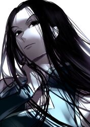Rule 34 | 1boy, absurdres, bare shoulders, black eyes, black hair, black sleeves, blue shirt, chinese commentary, cleavage cutout, closed mouth, clothing cutout, commentary request, detached sleeves, empty eyes, expressionless, fanxxxwan, hand on own neck, highres, hunter x hunter, illumi zoldyck, long hair, long sleeves, looking at viewer, male focus, pectoral cleavage, pectorals, shirt, simple background, solo, straight hair, upper body, white background