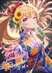 Rule 34 | 1girl, aerial fireworks, blonde hair, blue eyes, blue kimono, blush, bow, commentary request, dated, fireworks, floral print, flower, grin, hair between eyes, hair bow, hair flower, hair ornament, hand fan, happy birthday, highres, holding, holding fan, japanese clothes, kimono, long hair, long sleeves, looking at viewer, morikura en, obi, one eye closed, original, paper fan, pinching sleeves, ponytail, print kimono, red bow, sash, sleeves past wrists, smile, solo, uchiwa, very long hair, wide sleeves, yellow flower