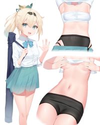Rule 34 | 1girl, :d, armpits, bike shorts, black shorts, blonde hair, blue bow, blue bowtie, blue eyes, blue skirt, bow, bowtie, breasts, chest sarashi, clothes lift, collared shirt, covering privates, covering breasts, hair between eyes, hair ribbon, highres, holding strap, hololive, k mugura, kazama iroha, long sleeves, looking at viewer, multiple views, navel, open mouth, pleated skirt, ponytail, ribbon, sarashi, shirt, shirt lift, shorts, simple background, skirt, small breasts, smile, stomach, teeth, upper teeth only, virtual youtuber, white background, white shirt
