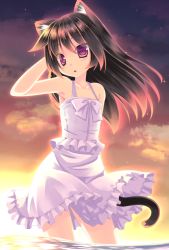 Rule 34 | 1girl, animal ears, arm up, bare shoulders, black hair, cat ears, cat tail, dress, hand in own hair, long hair, looking at viewer, original, purple eyes, solo, sumikaze, tail, white dress