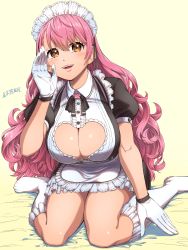 Rule 34 | 1girl, :d, aizono manami, apron, breasts, cleavage, cleavage cutout, clothing cutout, curly hair, facing viewer, full body, gloves, hair between eyes, heart, heart-shaped pupils, heart cutout, highres, kneehighs, large breasts, long hair, looking at viewer, maid, maid apron, maid headdress, maki yoshitake, nijisanji, open hand, open mouth, orange eyes, pink hair, puffy short sleeves, puffy sleeves, short eyebrows, short sleeves, sitting, smile, socks, solo, symbol-shaped pupils, teeth, thick eyebrows, thighs, upper teeth only, very long hair, virtual youtuber, wariza, white gloves, white socks