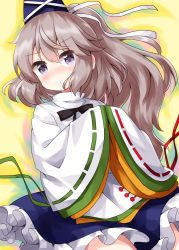 Rule 34 | 1girl, black ribbon, blue hat, blue skirt, blush, closed mouth, cowboy shot, frilled skirt, frills, green ribbon, grey eyes, grey hair, hair between eyes, hat, hat ribbon, highres, japanese clothes, kataginu, long hair, long sleeves, looking at viewer, mononobe no futo, neck ribbon, own hands together, ponytail, red ribbon, ribbon, ribbon-trimmed sleeves, ribbon trim, ruu (tksymkw), simple background, skirt, sleeves past fingers, sleeves past wrists, solo, standing, tate eboshi, touhou, turtleneck, white ribbon, wide sleeves, yellow background