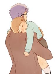Rule 34 | 2boys, absurdres, amuro ray, artist request, brown hair, carrying over shoulder, father and son, glasses, gundam, highres, mobile suit gundam, multiple boys, purple hair, tem ray, aged down