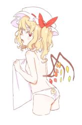 Rule 34 | 1girl, blonde hair, blush, body blush, breasts, cowboy shot, cropped legs, ear blush, fang, flandre scarlet, from side, hat, highres, low wings, mob cap, multicolored wings, nose blush, one side up, panties, pointy ears, print panties, red eyes, ribbon trim, saple, short hair, simple background, sketch, small breasts, solo, topless, touhou, underwear, underwear only, white background, white panties, wings