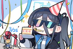 Rule 34 | 1girl, aris (blue archive), birthday, black hair, blue archive, blue hairband, blue halo, blue necktie, blush, box, cake, cake slice, collared shirt, commentary request, dated, food, fruit, gift, gift box, hair between eyes, hairband, halo, hat, highres, holding, holding plate, jacket, long sleeves, necktie, one side up, open clothes, open jacket, party hat, plate, shirt, solo, strawberry, sunglasses, tie clip, toy, upper body, white jacket, yanggaengwang