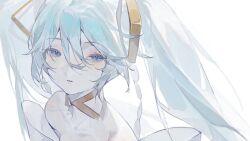 Rule 34 | 1girl, aqua hair, bare shoulders, blue eyes, blush, detached collar, grey hair, guguzi, hair between eyes, hair ornament, half-closed eyes, hashtag-only commentary, hatsune miku, long hair, looking at viewer, parted lips, portrait, simple background, solo, twintails, vocaloid, white background