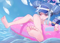 1girl absurdres antenna_hair armband barefoot blue_archive blue_hair commentary_request double_bun feet food foot_focus fubuki_(blue_archive) fubuki_(swimsuit)_(blue_archive) hair_bun halo highres innertube light_blue_hair multicolored_hair official_alternate_costume one-piece_swimsuit pink_eyes pink_halo popsicle senvik69 soles solo streaked_hair swim_ring swimsuit toes visor_cap white_one-piece_swimsuit