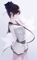 Rule 34 | 1girl, bad id, bad pixiv id, black hair, bottomless, breasts, dress, finger to mouth, hand up, highres, large breasts, looking ahead, looking down, original, parted lips, profile, purple eyes, r (curvy), ribbon, short hair, simple background, white background