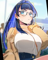 Rule 34 | 1girl, absurdres, between breasts, black-framed eyewear, blue eyes, blue hair, blue pants, breasts, brown coat, cellphone, coat, colored inner hair, commentary, denim, english commentary, glasses, high-waist pants, highres, holding, holding phone, hololive, hololive english, iris (tb33064667), jeans, large breasts, long hair, looking at viewer, multicolored hair, ouro kronii, pants, phone, smartphone, strap between breasts, taking picture, two-tone hair, virtual youtuber
