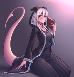 Rule 34 | 1girl, absurdres, artist name, black shirt, black skirt, blue eyes, book, breasts, choker, cloak, closed mouth, collarbone, commentary, commission, demon girl, demon horns, demon tail, gradient background, grey background, hair between eyes, half-closed eyes, hand up, highres, holding, holding book, hood, hooded cloak, horns, jewelry, long hair, long sleeves, looking at viewer, medium breasts, open book, original, pleated skirt, pointy ears, shellvi, shirt, sitting, skirt, smile, solo, striped, tail, wide sleeves