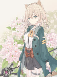 Rule 34 | 1girl, animal ears, arknights, belt, breasts, commentary request, cowboy shot, dog ears, floral background, green eyes, green jacket, hair between eyes, highres, holding, holding staff, jacket, large breasts, long sleeves, looking at viewer, medium hair, neck ribbon, open clothes, open jacket, partial commentary, pleated skirt, podenco (arknights), ribbon, shirt, silver hair, skirt, smile, solo, staff, stairs, thigh strap, thighs, vial, wata (watashi j), white shirt, yellow ribbon