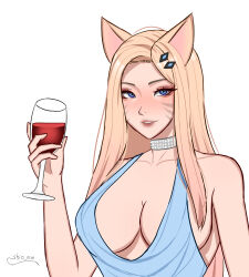 Rule 34 | 1girl, absurdres, ahri (league of legends), alcohol, animal ears, artist name, bare shoulders, blonde hair, blue dress, breasts, cleavage, collar, collarbone, commentary, cup, dress, english commentary, fox ears, hair ornament, highres, holding, holding cup, k/da (league of legends), k/da ahri, large breasts, league of legends, long hair, looking at viewer, shio aw, smile, solo, teeth, upper body, wine