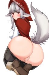 Rule 34 | 1girl, animal ears, ass, censored, fire emblem, fire emblem fates, grey hair, highres, hood, looking at viewer, looking back, multicolored hair, nintendo, red eyes, simple background, solo, streaked hair, tail, toshimasa, velouria (fire emblem), white background, wolf ears, wolf girl, wolf tail