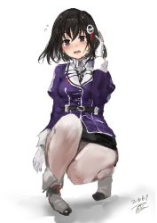 Rule 34 | 1girl, black hair, blush, brown eyes, dated, full body, gloves, haguro (kancolle), haguro kai ni (kancolle), hair ornament, hairclip, highres, kantai collection, looking at viewer, military, military uniform, open mouth, pantyhose, short hair, signature, simple background, solo, squatting, toka (marchlizard), uniform, white background, white gloves, white pantyhose