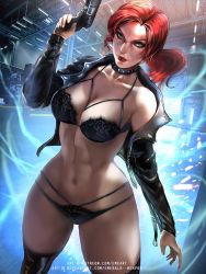 Rule 34 | 1girl, abs, black bra, black jacket, black panties, black thighhighs, blue eyes, bra, breasts, collar, collarbone, control (game), emerald-weapon, eyeshadow, gun, handgun, holding, holding gun, holding weapon, jacket, jesse faden, lace, lace bra, lace panties, large breasts, leather, leather jacket, lingerie, makeup, narrow waist, navel, no pants, open clothes, open jacket, over-kneehighs, panties, red hair, solo, standing, studded collar, thick thighs, thighhighs, thighs, trigger discipline, underwear, weapon