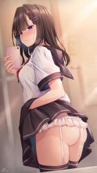 Rule 34 | 1girl, ass, black skirt, black thighhighs, blouse, blush, braid, brown hair, brown hair-chan (ramchi), clothes lift, clothing request, commentary request, from behind, garter belt, highres, holding, holding phone, lifted by self, long hair, original, panties, phone, ramchi, school uniform, selfie, serafuku, shirt, signature, skirt, skirt lift, solo, tearing up, thighhighs, underwear, white panties, white shirt